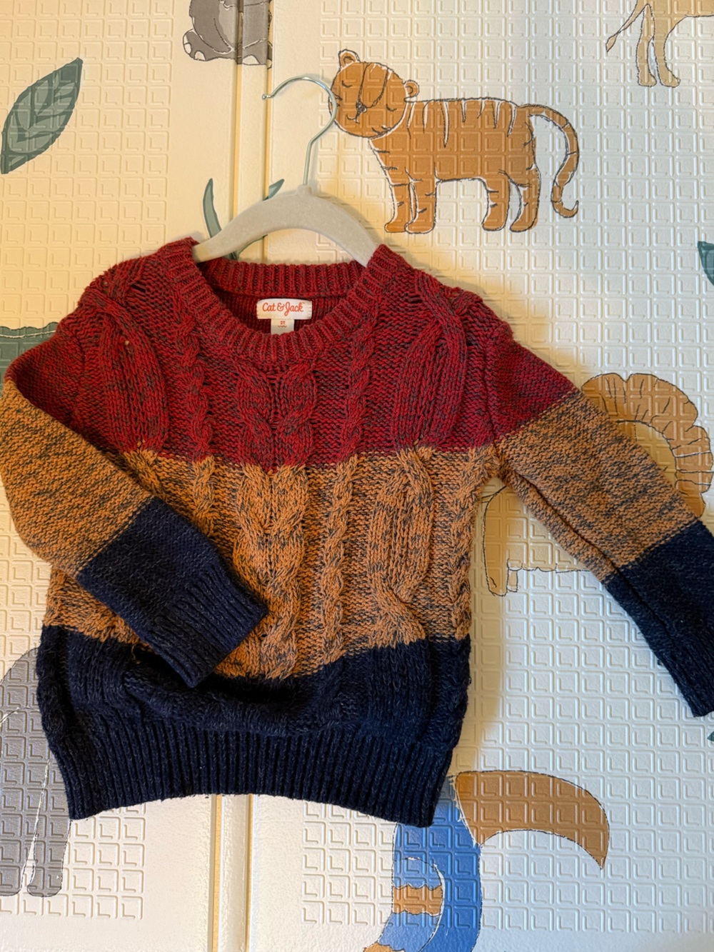 Cat & Jack Colorblock Cable Knit Crew Sweater in Red, Tan & Navy